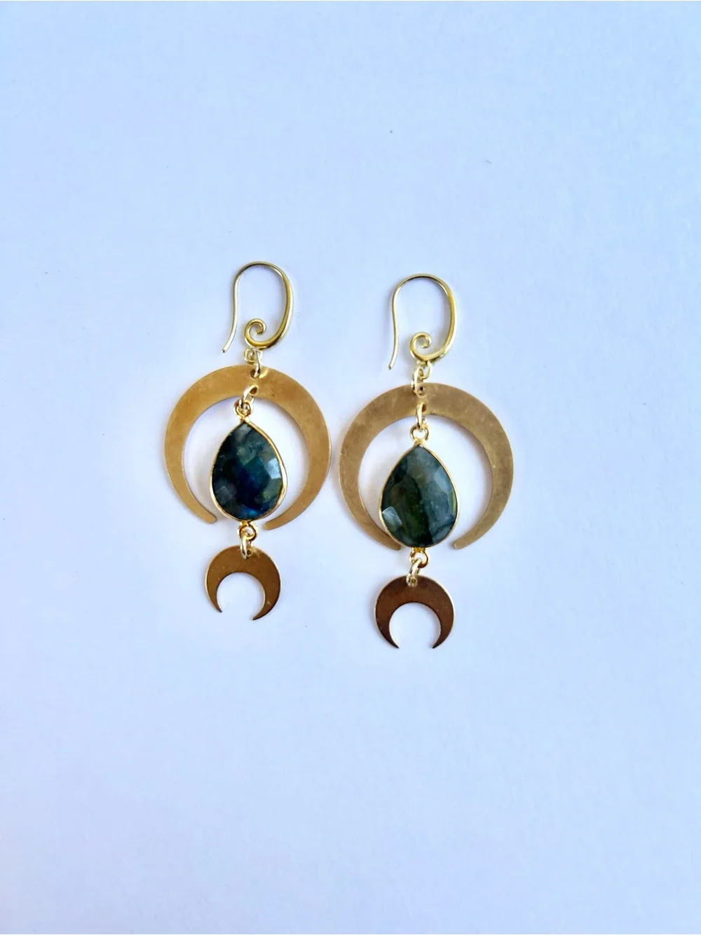 Gold Crescent Moon Earrings with Labradorite Gemstone | Brass Findings